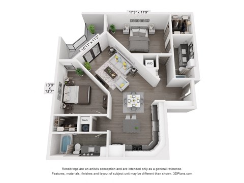 a stylized drawing of a 1 bedroom floor plan with a kitchen and living room